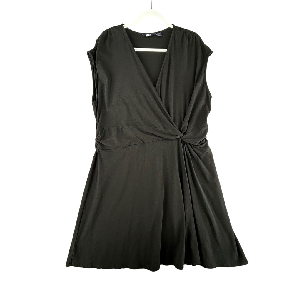 Lands End Womens Black Faux Wrap Twist Front Jersey Dress Plus 2X 20W-22W Casual